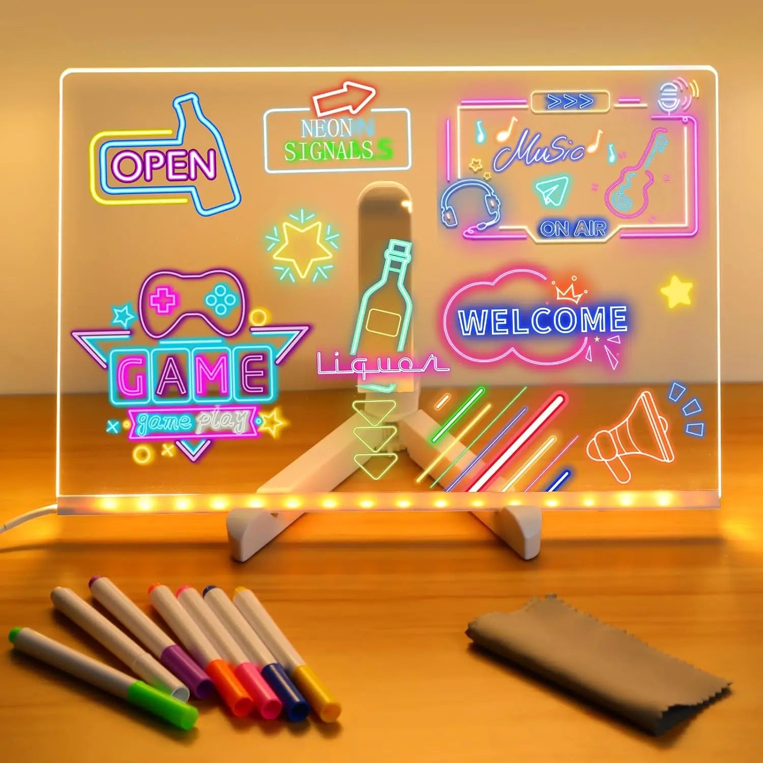 LED Note Board With Night Light Colorful 7 Pens DIY Acrylic Message Board Children‘s Drawing Board For Kids Birthday Gift