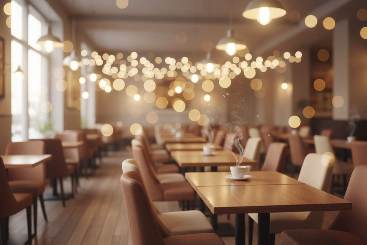 generate a image of a cozy cafe with no one in it and blurred lights
